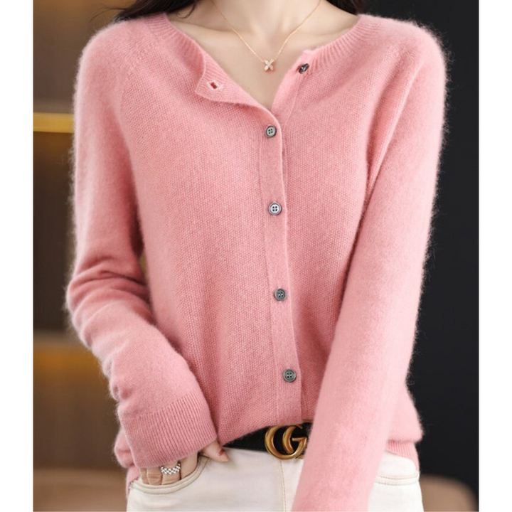 "Cardigan femme en laine mérinos, col rond, manches longues, doux et chaud, couleur chic pour l'hiver élégant"