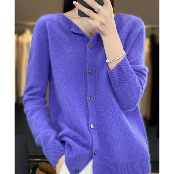 "Cardigan femme en laine mérinos, col rond, manches longues, doux et chaud, couleur chic pour l'hiver élégant"