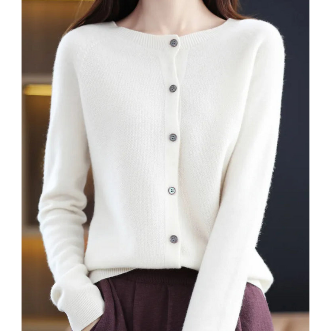 "Cardigan femme en laine mérinos, col rond, manches longues, doux et chaud, couleur chic pour l'hiver élégant"