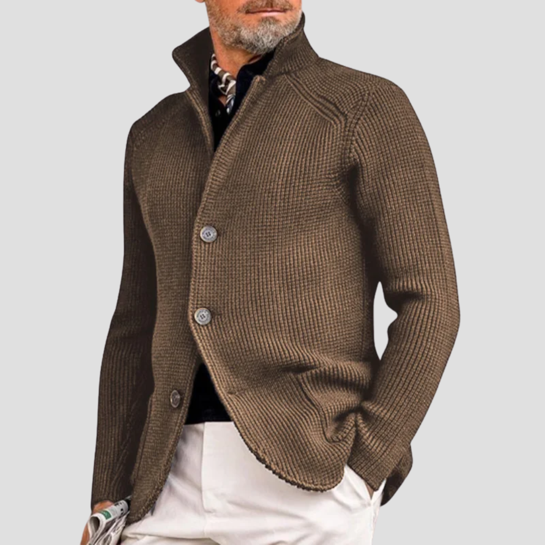 "Cardigan homme en maille côtelée, col montant, boutons discrets, style élégant et chaud pour toutes occasions"