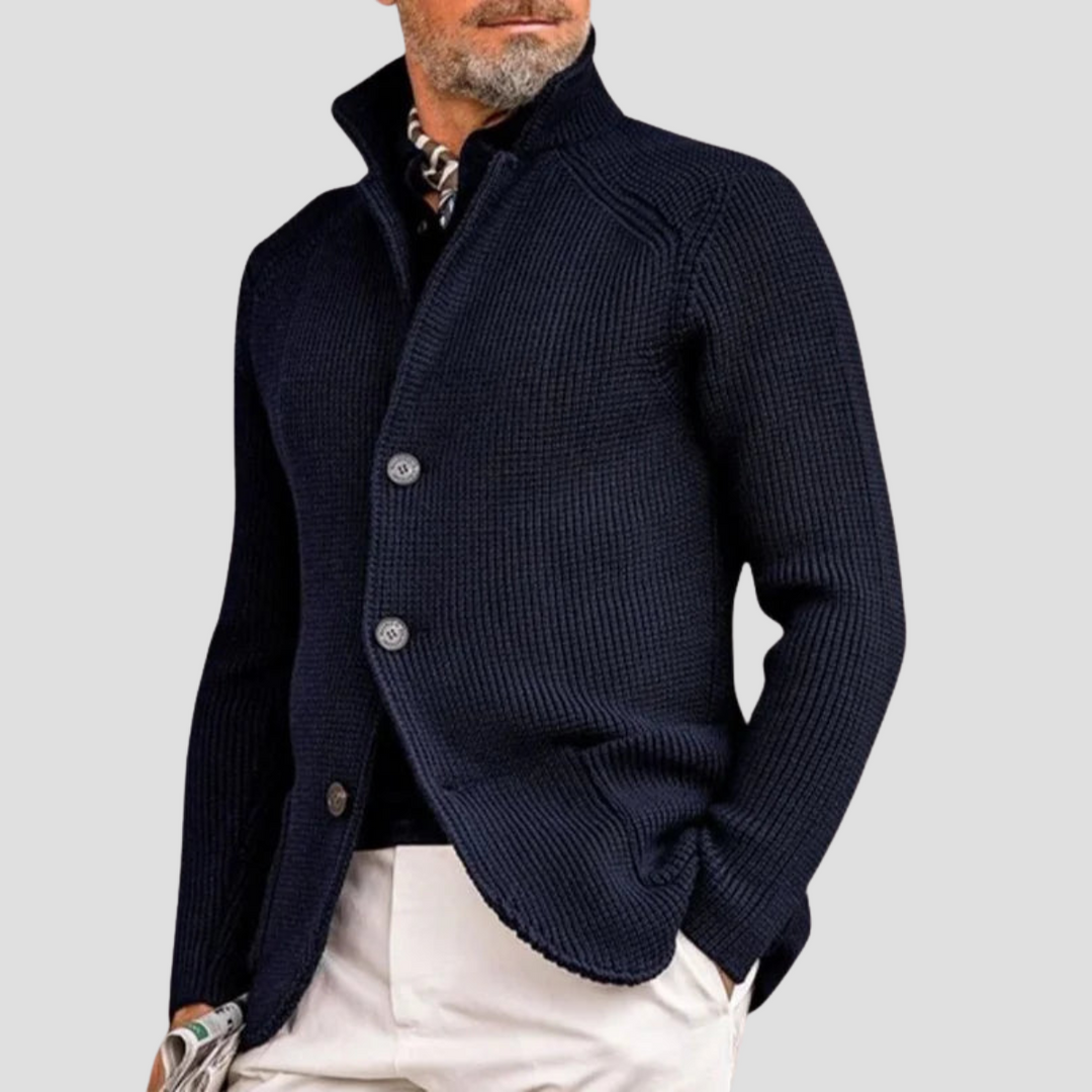 "Cardigan homme en maille côtelée, col montant, boutons discrets, style élégant et chaud pour toutes occasions"