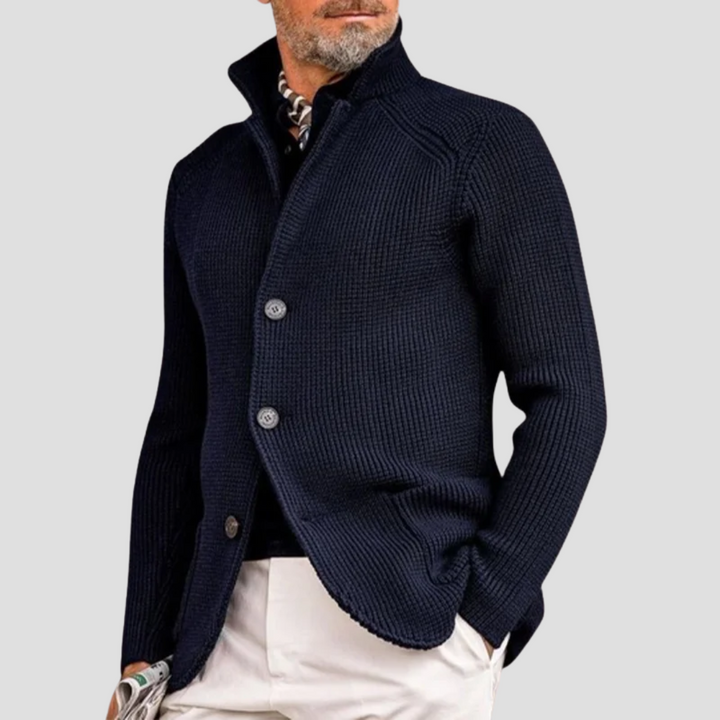"Cardigan homme en maille côtelée, col montant, boutons discrets, style élégant et chaud pour toutes occasions"
