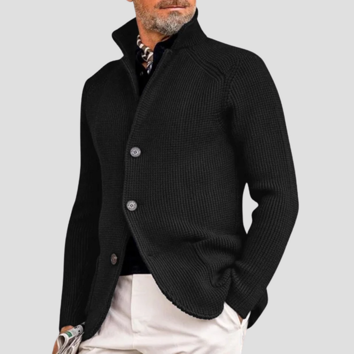 "Cardigan homme en maille côtelée, col montant, boutons discrets, style élégant et chaud pour toutes occasions"