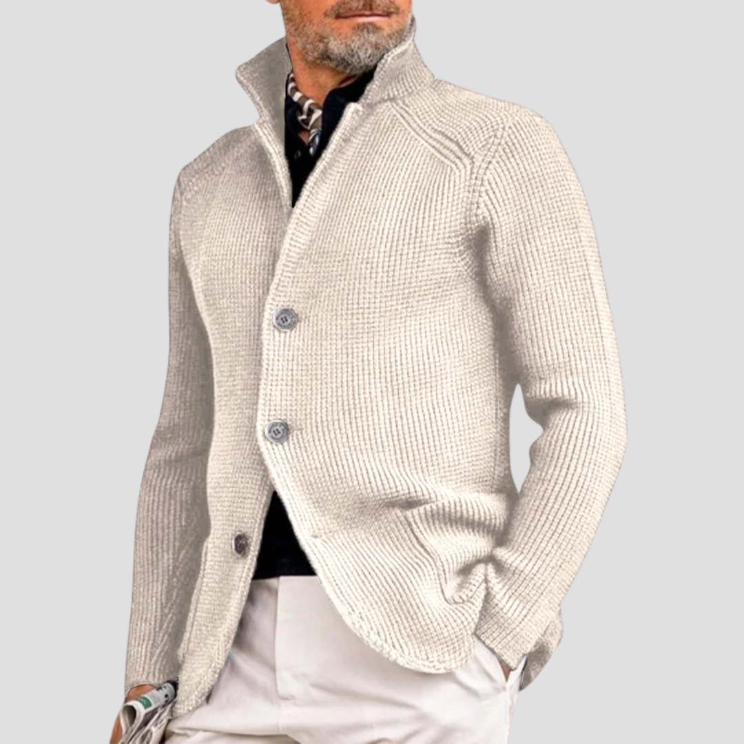 "Cardigan homme en maille côtelée, col montant, boutons discrets, style élégant et chaud pour toutes occasions"