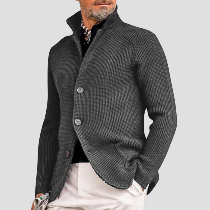 "Cardigan homme en maille côtelée, col montant, boutons discrets, style élégant et chaud pour toutes occasions"