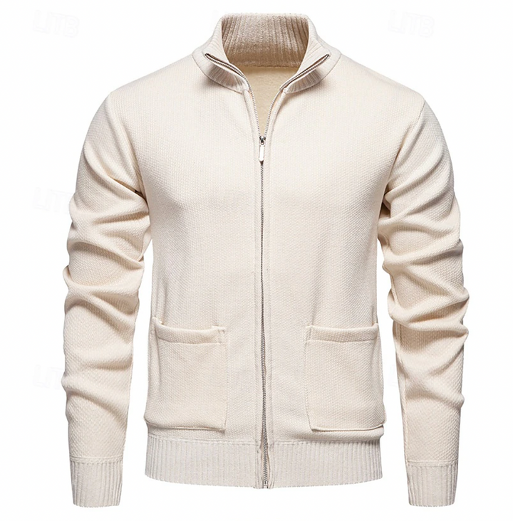 "Cardigan homme zippé cachemire, élégant et chaud, disponible en marron, beige, noir pour style chic et décontracté."