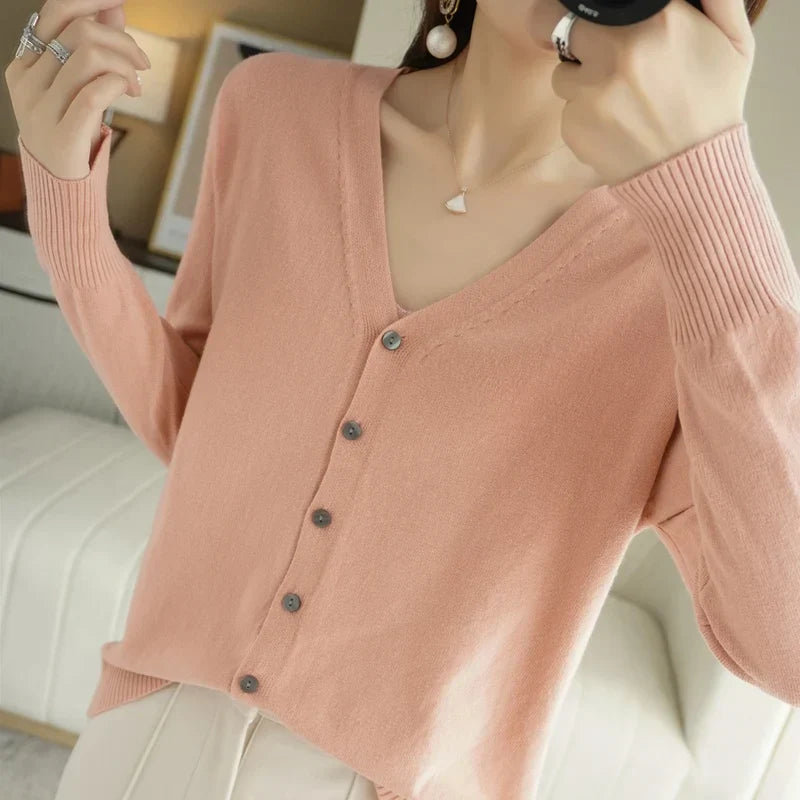 "Cardigan tricoté femme léger col V élégant, couleur abricot"