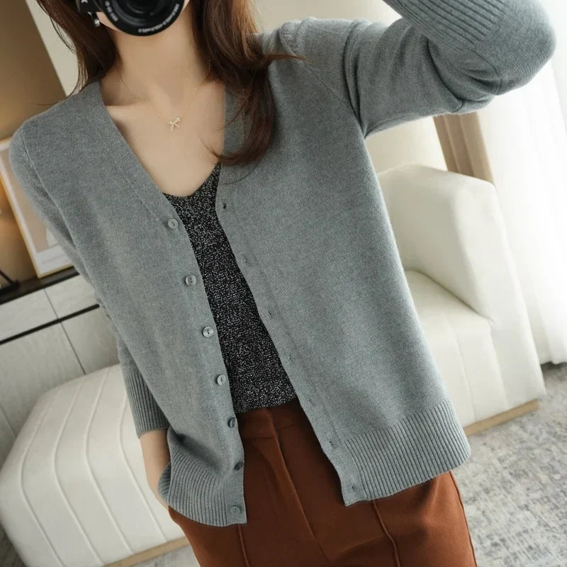 "Cardigan tricoté femme léger col V élégant, couleur abricot"