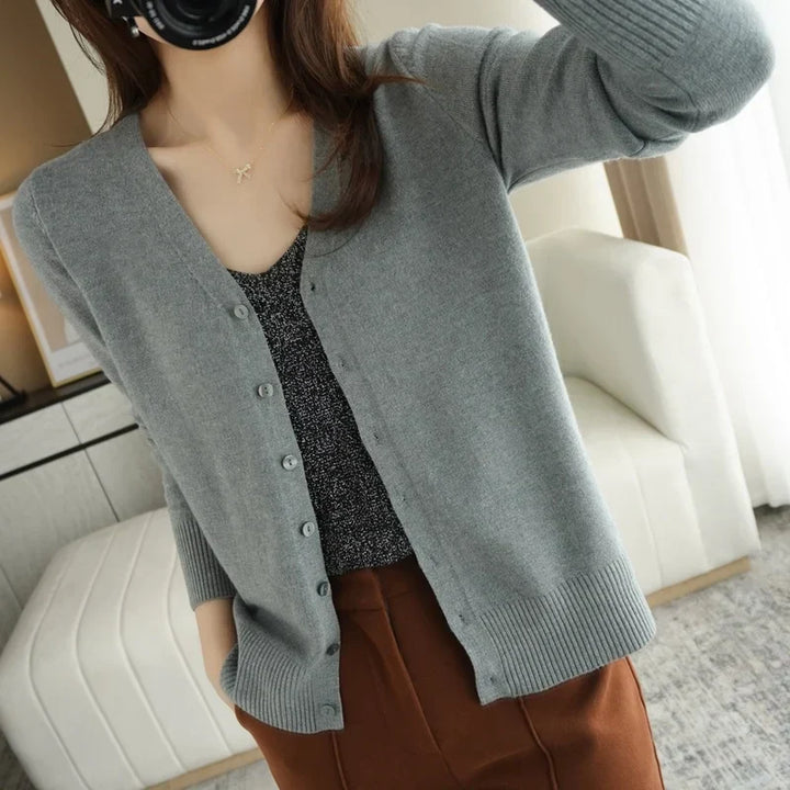"Cardigan tricoté femme léger col V élégant, couleur abricot"