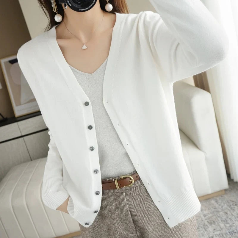 "Cardigan tricoté femme léger col V élégant, couleur abricot"