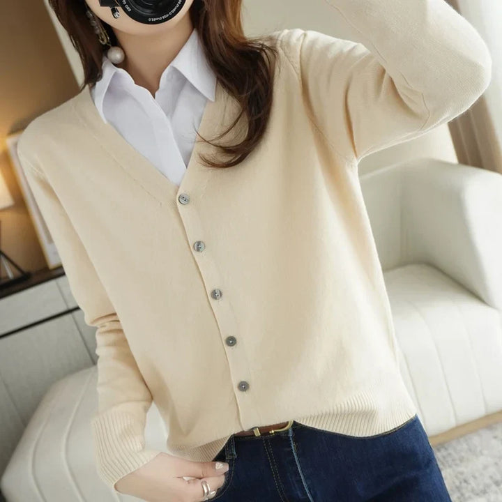 "Cardigan tricoté femme léger col V élégant, couleur abricot"