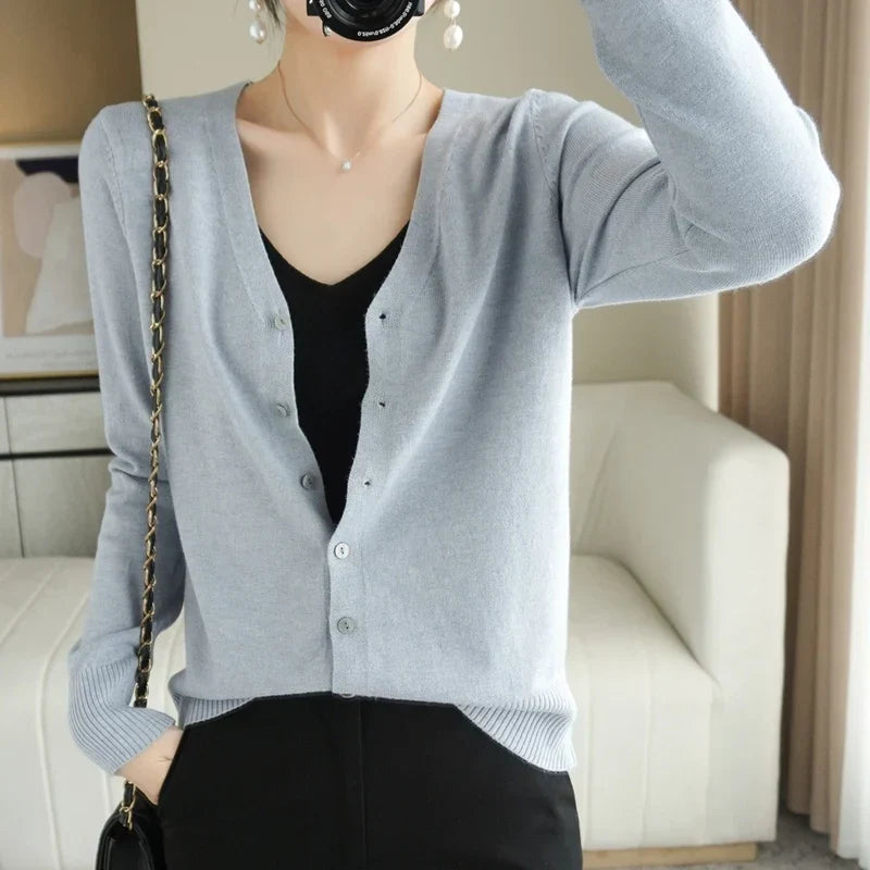 "Cardigan tricoté femme léger col V élégant, couleur abricot"