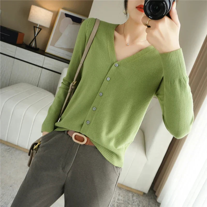 "Cardigan tricoté femme léger col V élégant, couleur abricot"