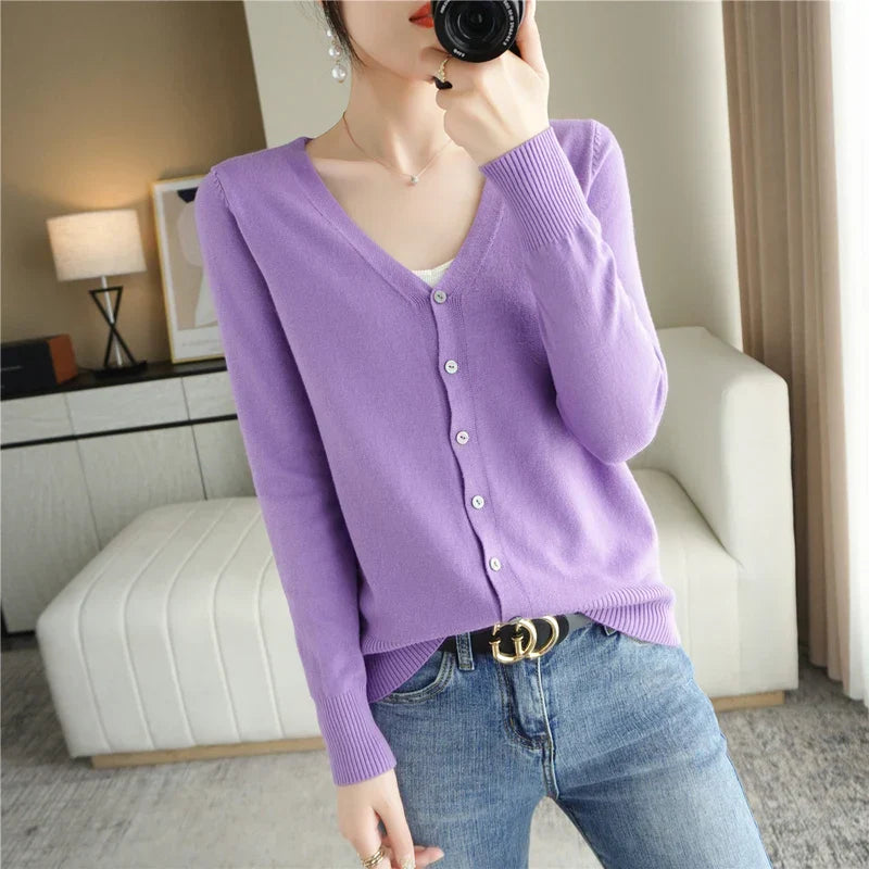 "Cardigan tricoté femme léger col V élégant, couleur abricot"