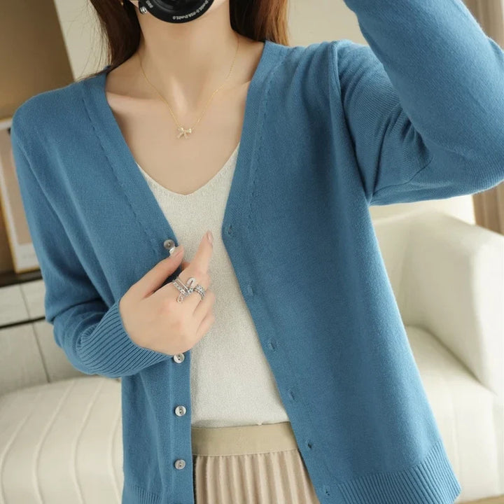 "Cardigan tricoté femme léger col V élégant, couleur abricot"