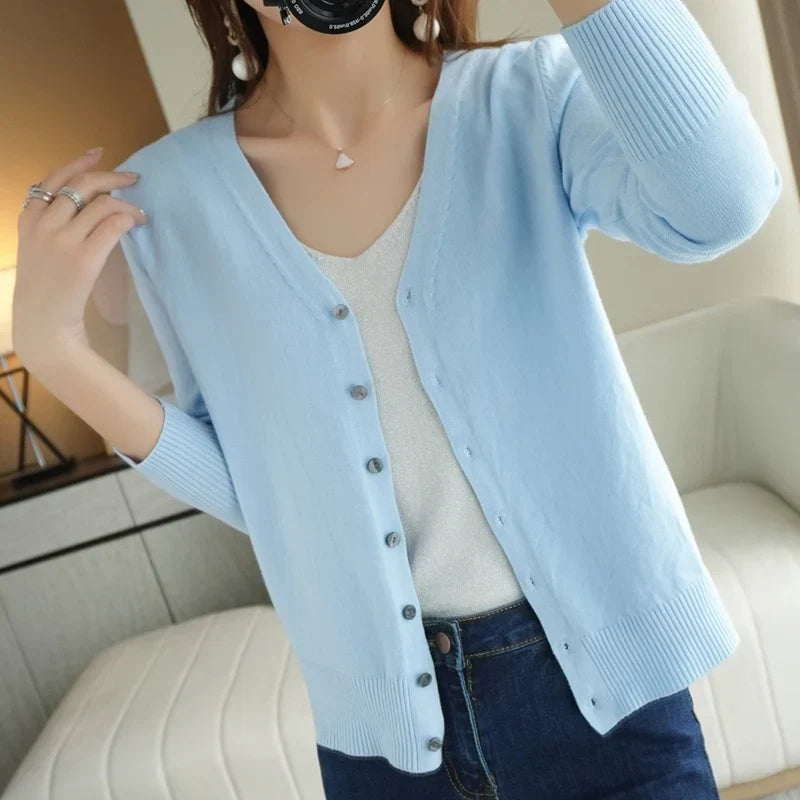 "Cardigan tricoté femme léger col V élégant, couleur abricot"