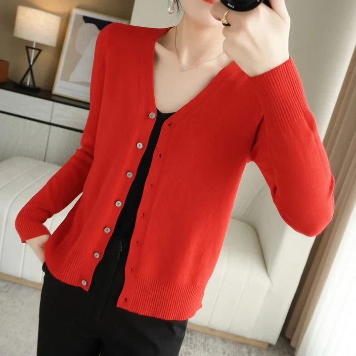 "Cardigan tricoté femme léger col V élégant, couleur abricot"