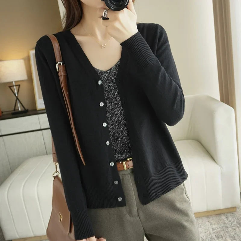 "Cardigan tricoté femme léger col V élégant, couleur abricot"
