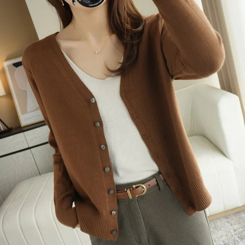 "Cardigan tricoté femme léger col V élégant, couleur abricot"