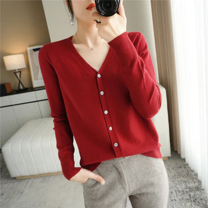 "Cardigan tricoté femme léger col V élégant, couleur abricot"