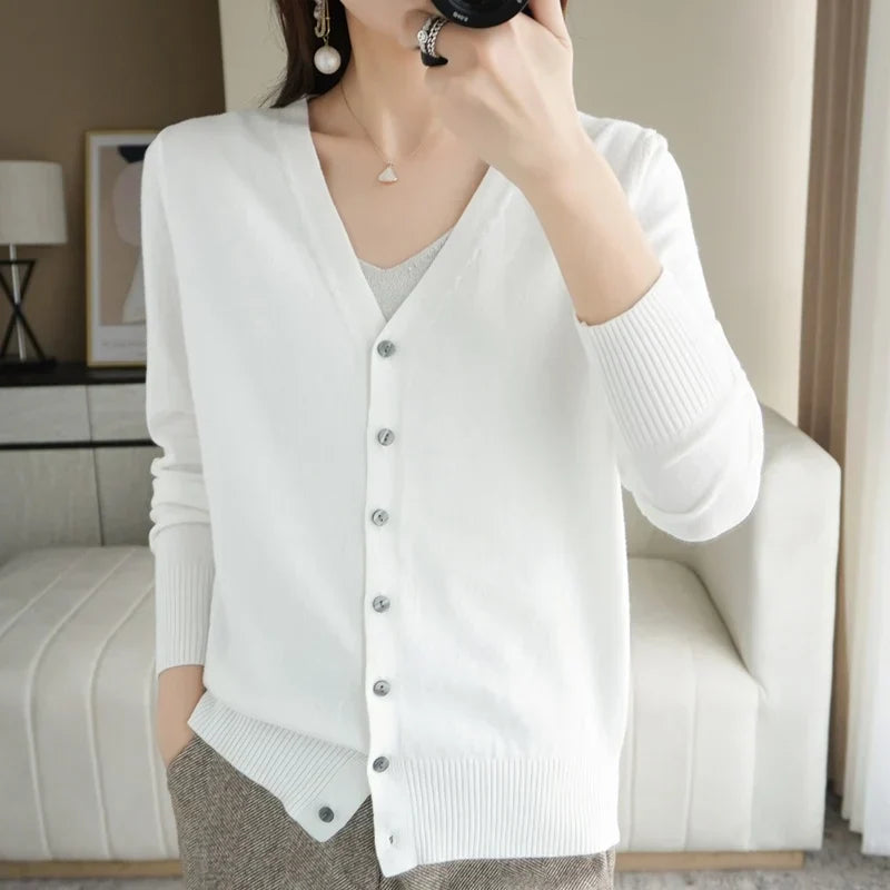 "Cardigan tricoté femme léger col V élégant, couleur abricot"