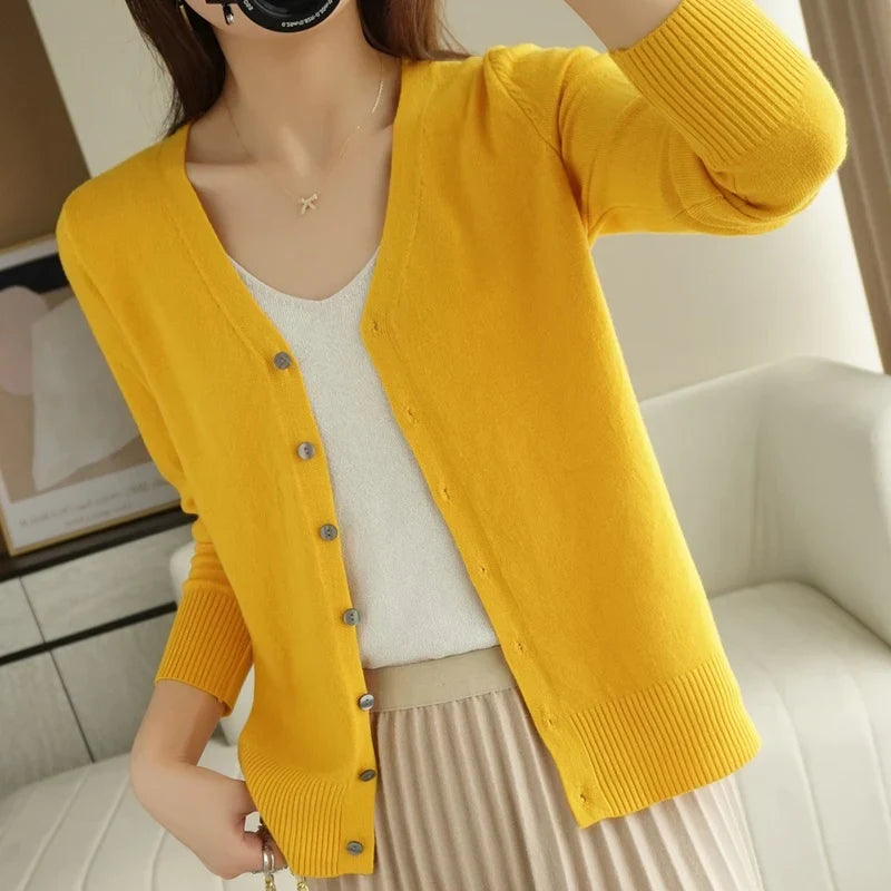 "Cardigan tricoté femme léger col V élégant, couleur abricot"