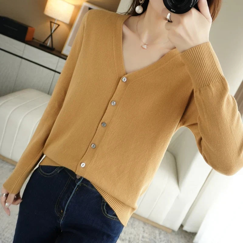 "Cardigan tricoté femme léger col V élégant, couleur abricot"