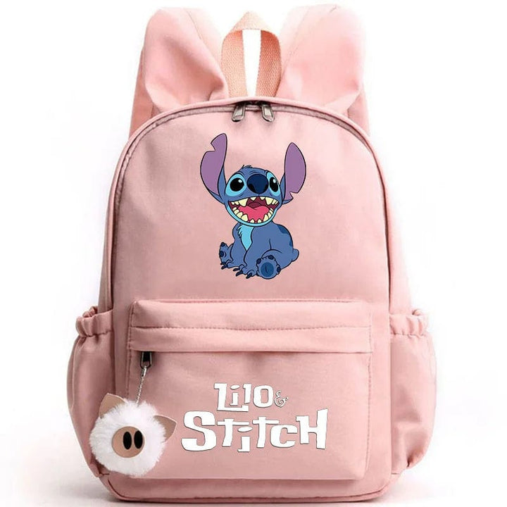 "Cartable enfant Stitch bleu avec motif amusant et porte-clés, design pratique et adorable pour école."