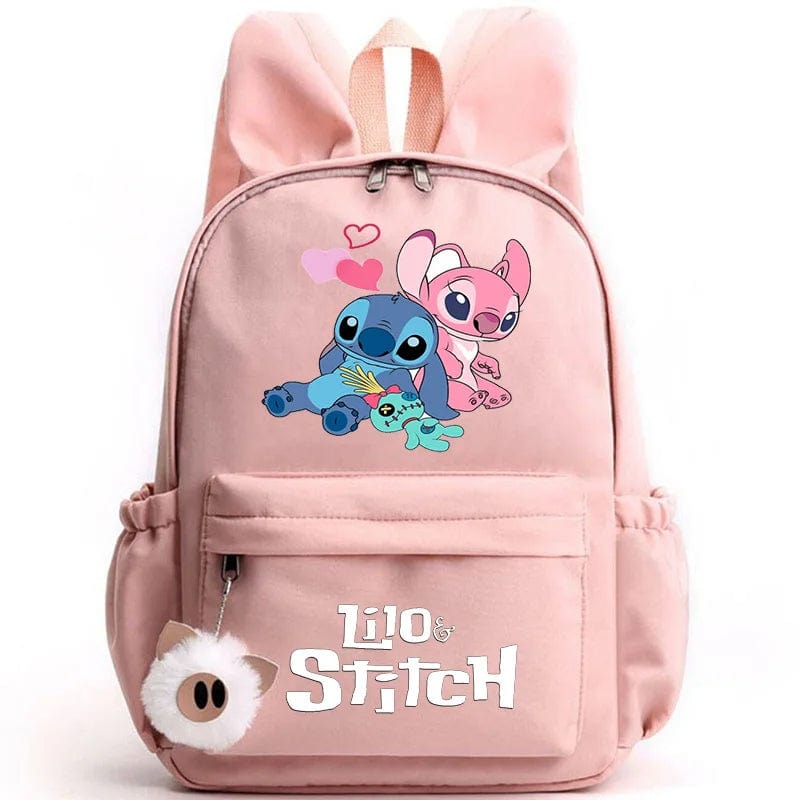 "Cartable enfant Stitch bleu avec motif amusant et porte-clés, design pratique et adorable pour école."