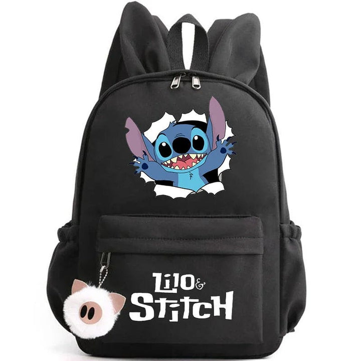 "Cartable enfant Stitch bleu avec motif amusant et porte-clés, design pratique et adorable pour école."