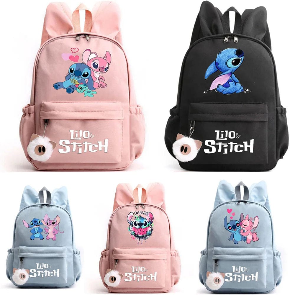 "Cartable enfant Stitch bleu avec motif amusant et porte-clés, design pratique et adorable pour école."