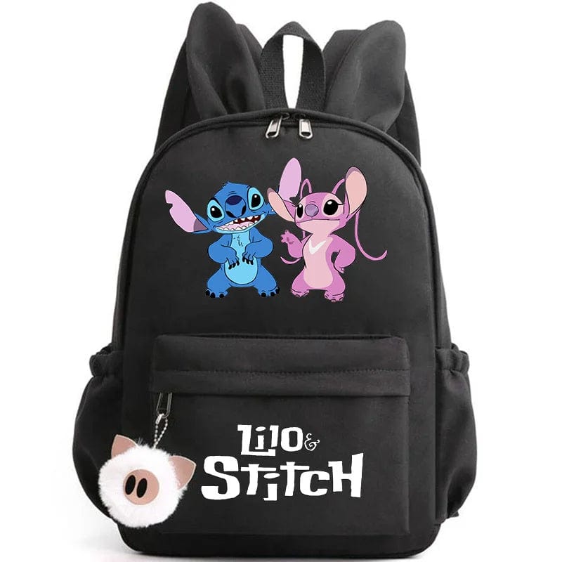 "Cartable enfant Stitch bleu avec motif amusant et porte-clés, design pratique et adorable pour école."