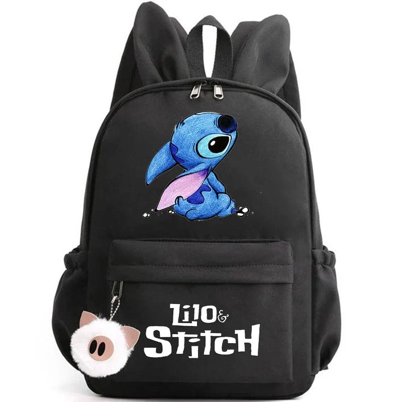 "Cartable enfant Stitch bleu avec motif amusant et porte-clés, design pratique et adorable pour école."