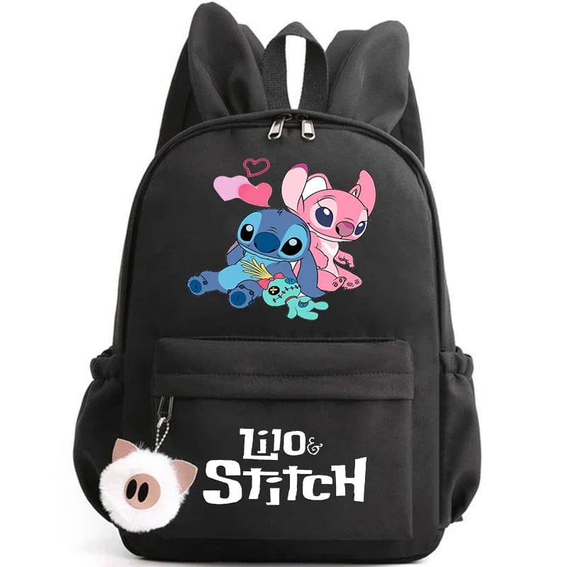 "Cartable enfant Stitch bleu avec motif amusant et porte-clés, design pratique et adorable pour école."