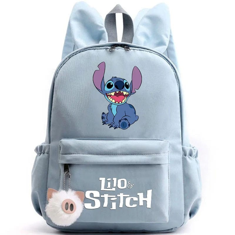 "Cartable enfant Stitch bleu avec motif amusant et porte-clés, design pratique et adorable pour école."