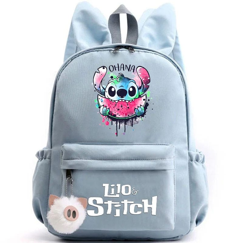 "Cartable enfant Stitch bleu avec motif amusant et porte-clés, design pratique et adorable pour école."