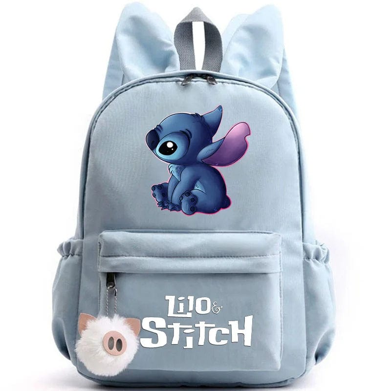 "Cartable enfant Stitch bleu avec motif amusant et porte-clés, design pratique et adorable pour école."