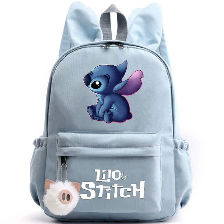 "Cartable enfant Stitch bleu avec motif amusant et porte-clés, design pratique et adorable pour école."