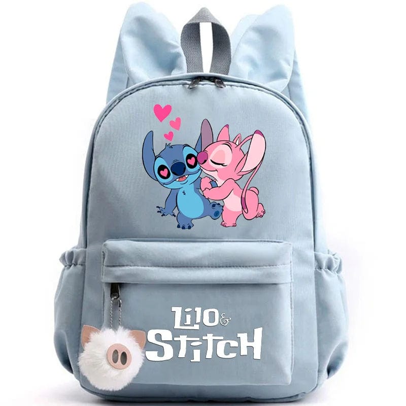 "Cartable enfant Stitch bleu avec motif amusant et porte-clés, design pratique et adorable pour école."