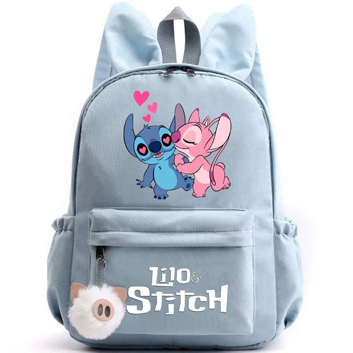 "Cartable enfant Stitch bleu avec motif amusant et porte-clés, design pratique et adorable pour école."