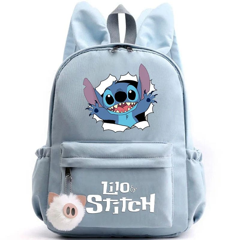 "Cartable enfant Stitch bleu avec motif amusant et porte-clés, design pratique et adorable pour école."