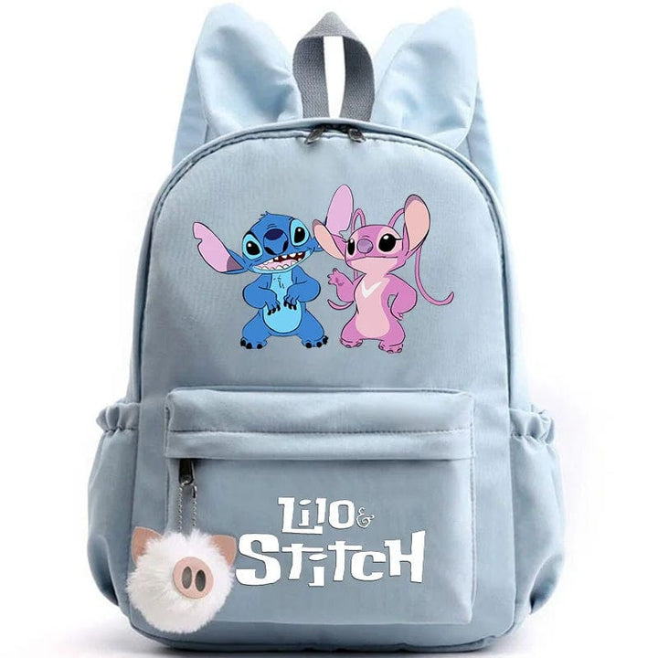 "Cartable enfant Stitch bleu avec motif amusant et porte-clés, design pratique et adorable pour école."