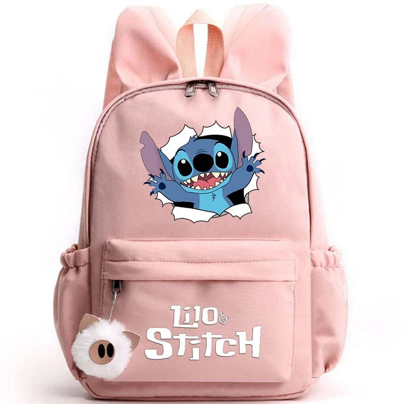 "Cartable enfant Stitch bleu avec motif amusant et porte-clés, design pratique et adorable pour école."