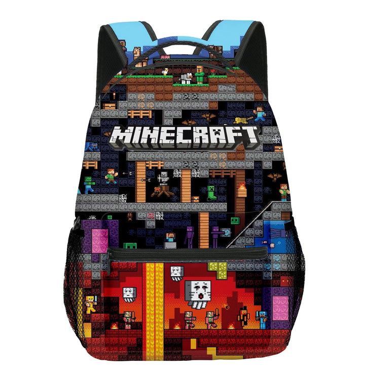 "Cartable enfant vibrant Minecraft avec motifs colorés, personnages emblématiques, design durable et spacieux pour l'école."