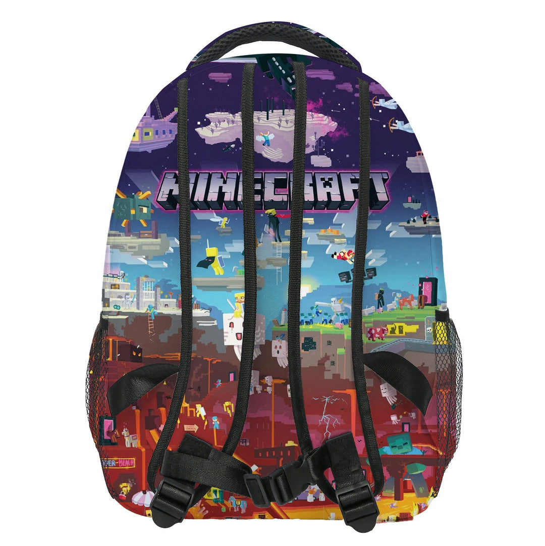 "Cartable enfant vibrant Minecraft avec motifs colorés, personnages emblématiques, design durable et spacieux pour l'école."