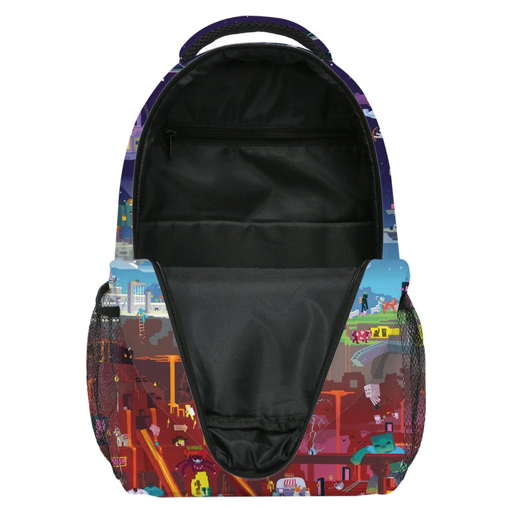"Cartable enfant vibrant Minecraft avec motifs colorés, personnages emblématiques, design durable et spacieux pour l'école."
