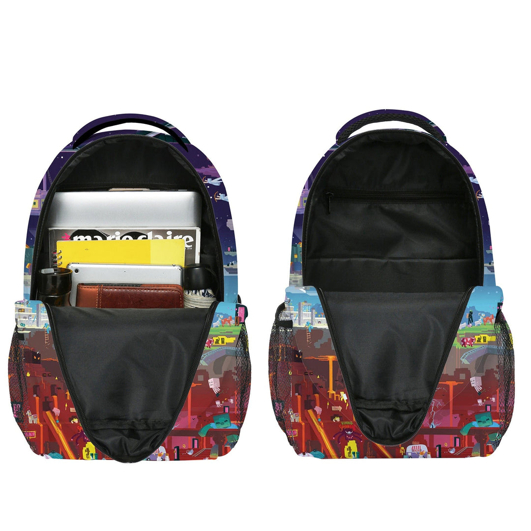 "Cartable enfant vibrant Minecraft avec motifs colorés, personnages emblématiques, design durable et spacieux pour l'école."