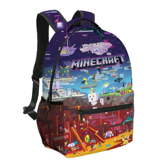 "Cartable enfant vibrant Minecraft avec motifs colorés, personnages emblématiques, design durable et spacieux pour l'école."
