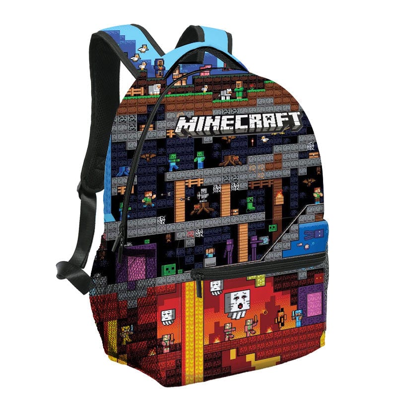 "Cartable enfant vibrant Minecraft avec motifs colorés, personnages emblématiques, design durable et spacieux pour l'école."