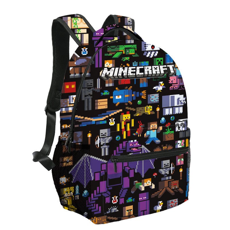 "Cartable enfant vibrant Minecraft avec motifs colorés, personnages emblématiques, design durable et spacieux pour l'école."